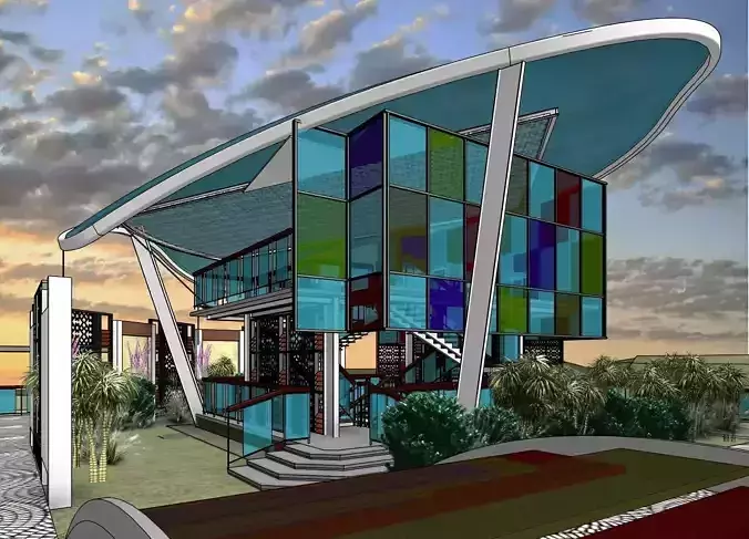 Galleria futuristic glass house at dusk