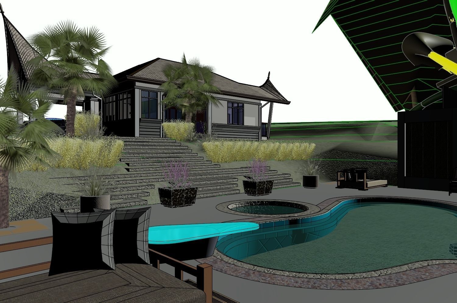 Villa interior of house with pool 3D model_4