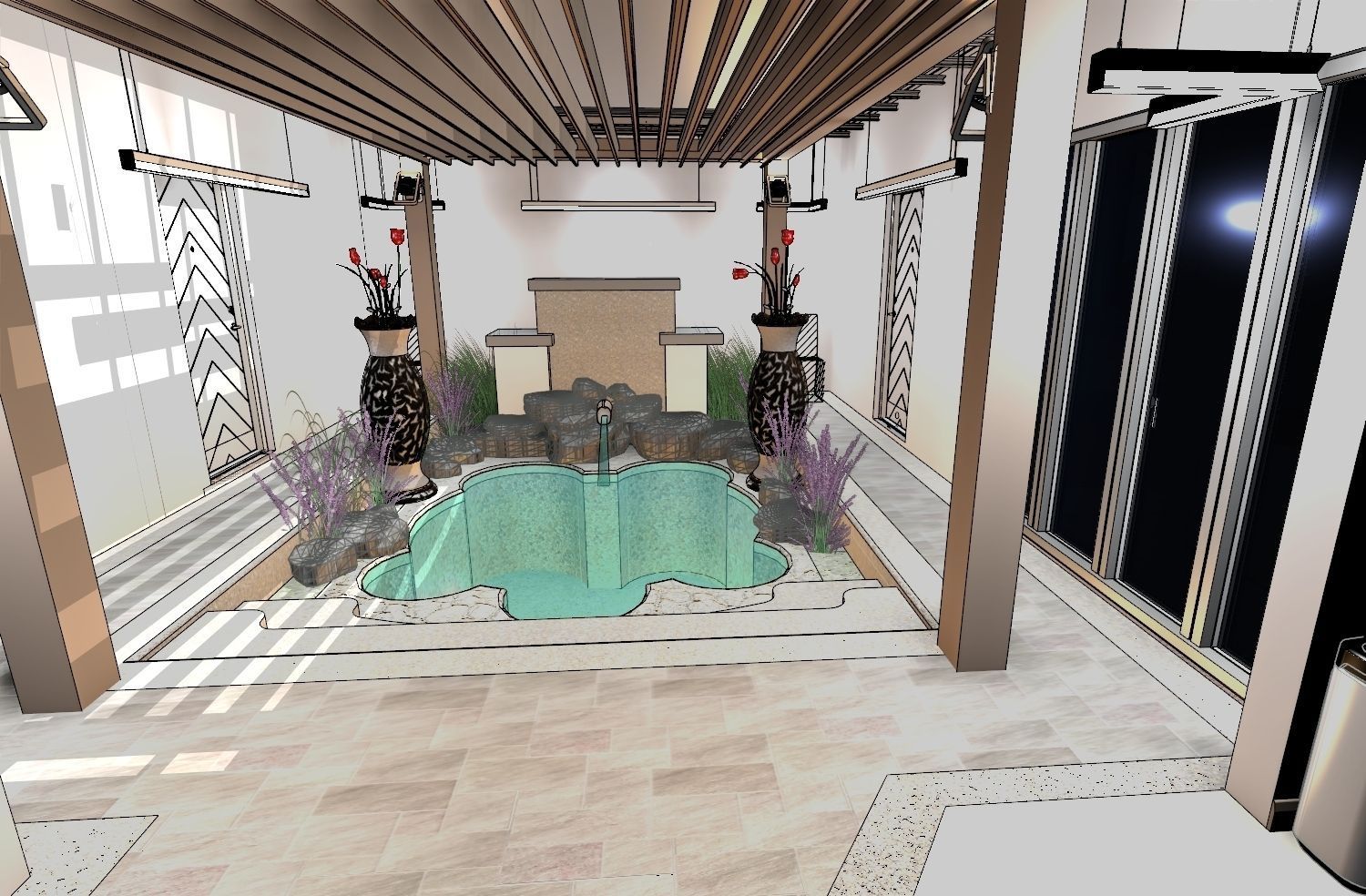 Villa interior of house with pool 3D model_1