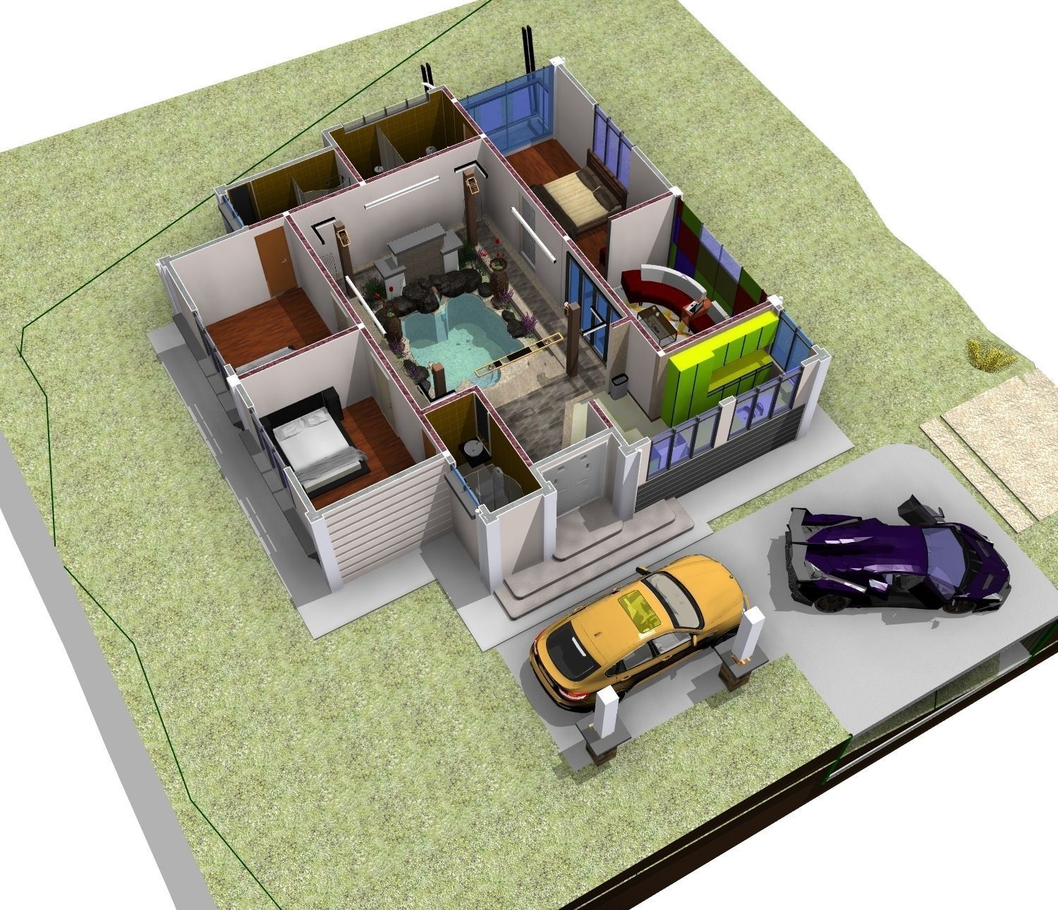 Villa interior of house with pool 3D model_6