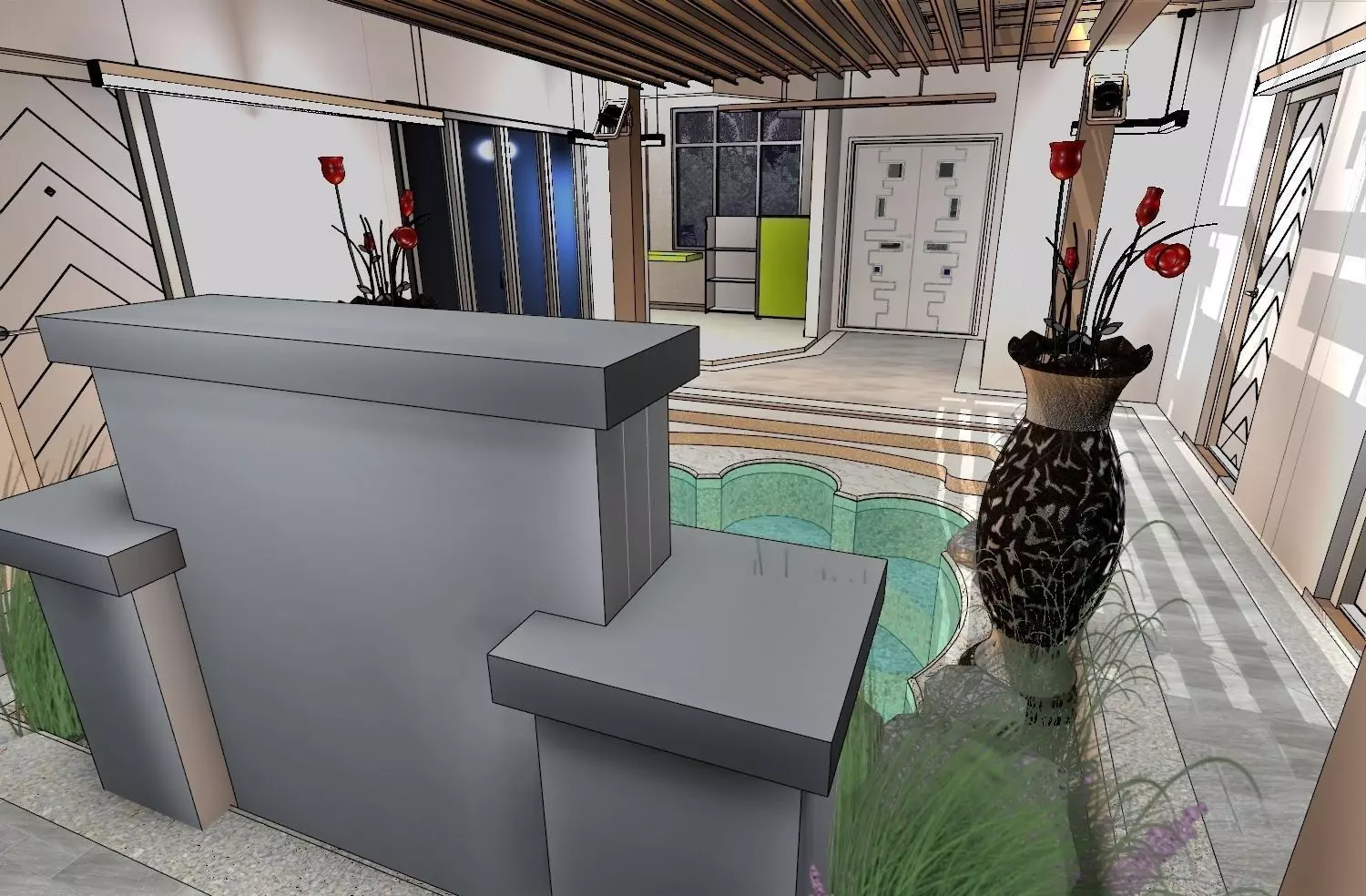 Villa interior of house with pool 3D model_0