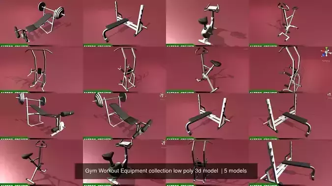 Gym Workout Equipment collection low poly 3d model 