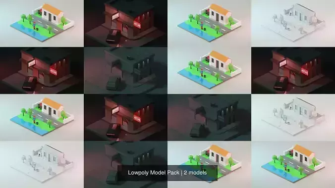 Lowpoly Model Pack house with garbage can