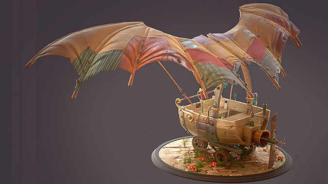 Cartoon sci-fi hand-drawn style flying car Low-poly 3D model