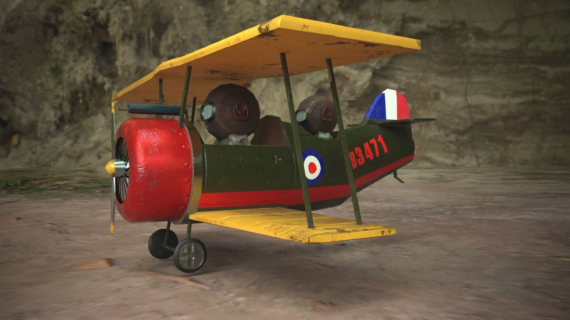 PBR Low poly  cartoon WW1 Biplane Low-poly 3D model_3