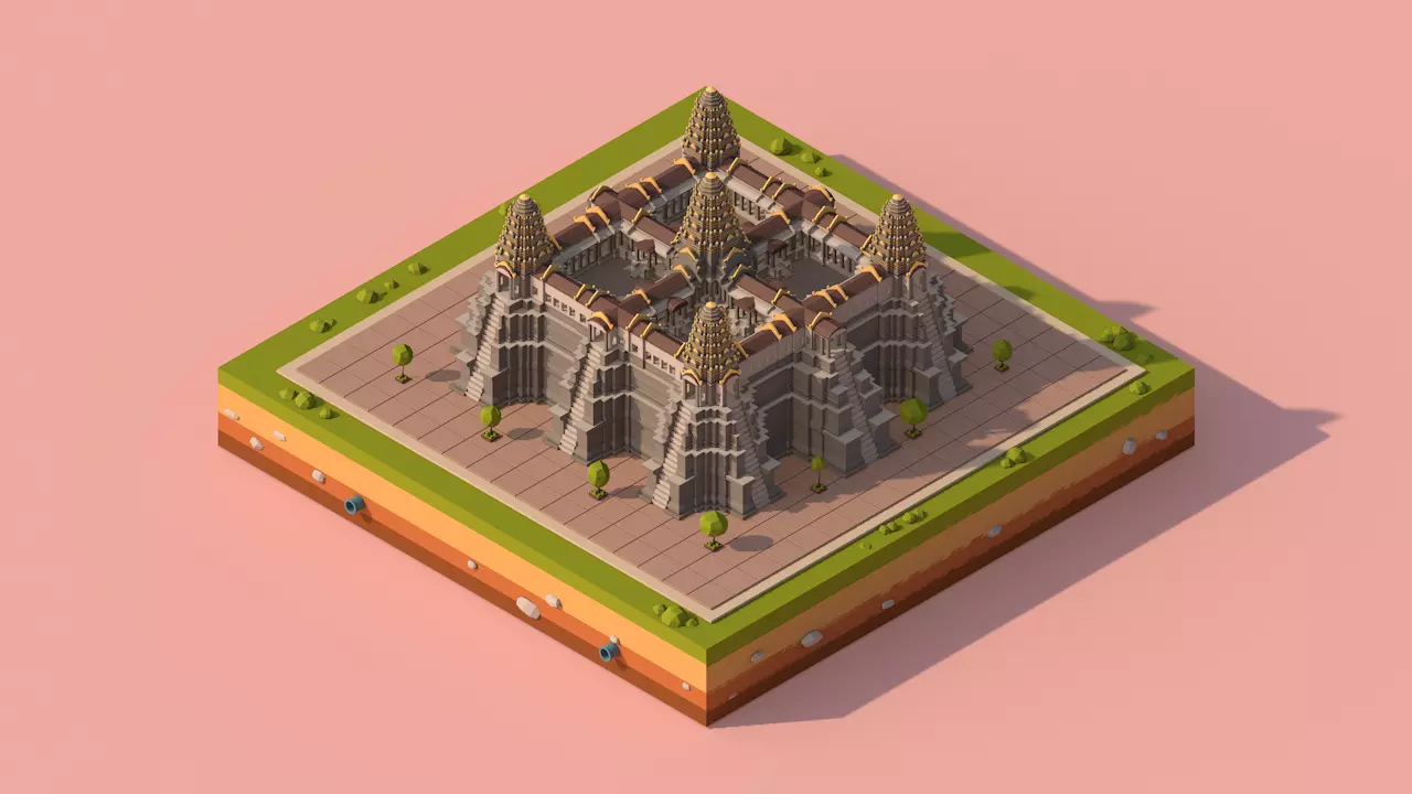 Cartoon Low Poly Ankor Wat Temple Low-poly 3D model_0