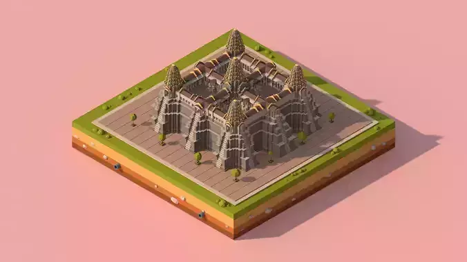 Cartoon Low Poly Ankor Wat Temple Low-poly 3D model