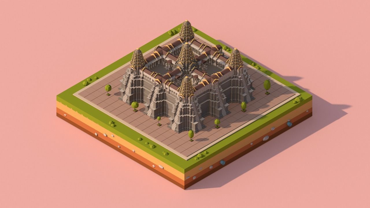 Cartoon Low Poly Ankor Wat Temple Low-poly 3D model_4
