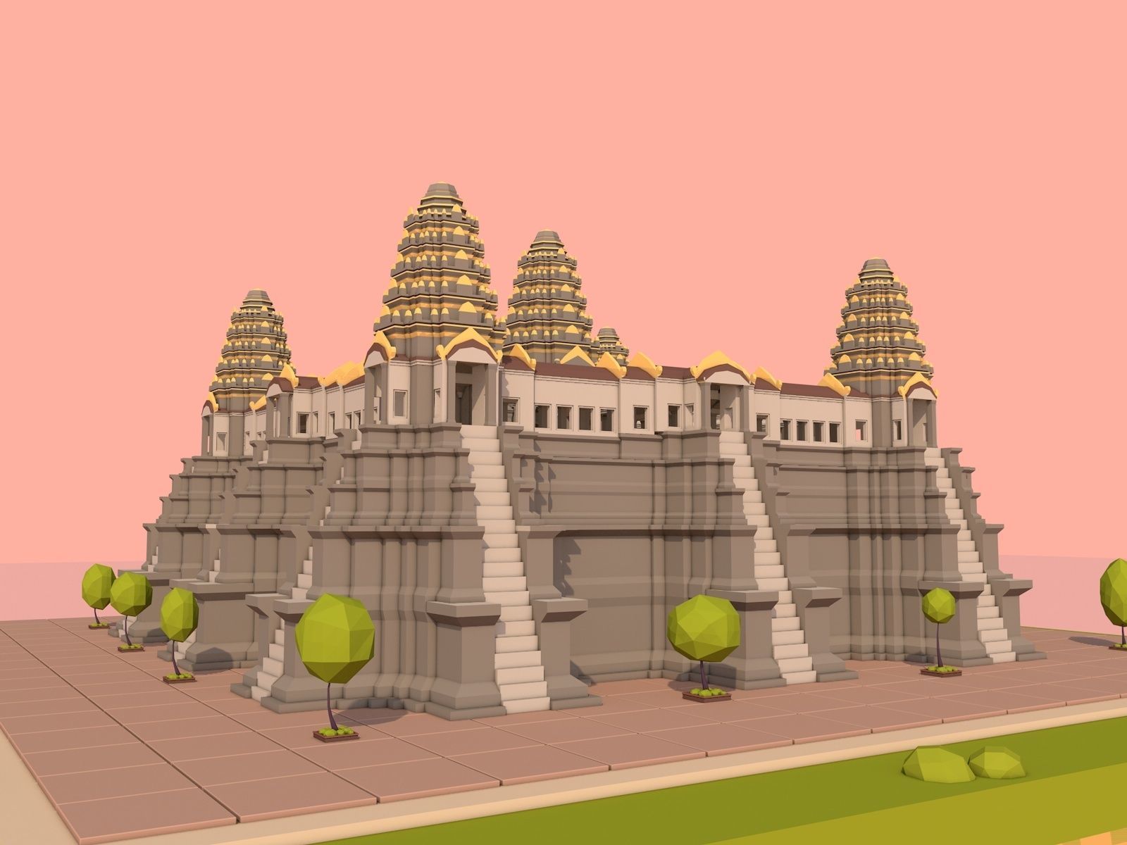 Cartoon Low Poly Ankor Wat Temple Low-poly 3D model_5