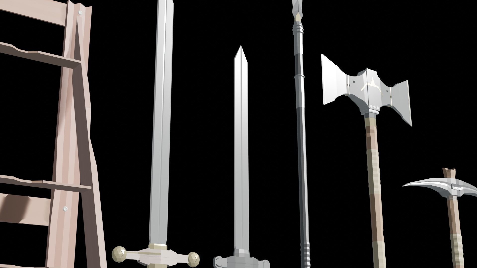 Low Poly Weapons wooden display of swords and axes Low-poly 3D model_3