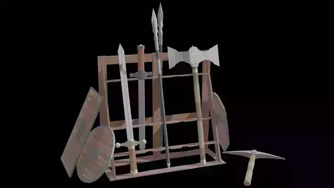 Low Poly Weapons wooden display of swords and axes