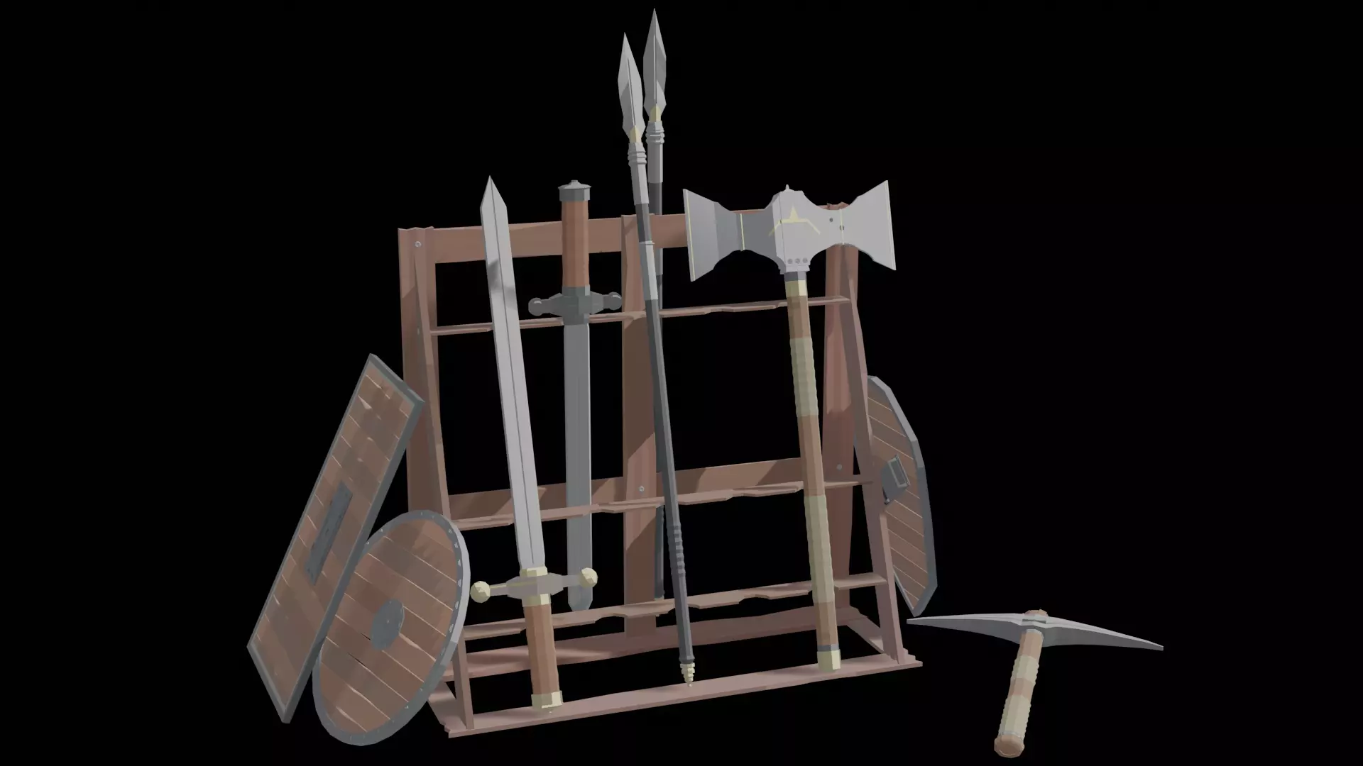 Low Poly Weapons wooden display of swords and axes Low-poly 3D model_0