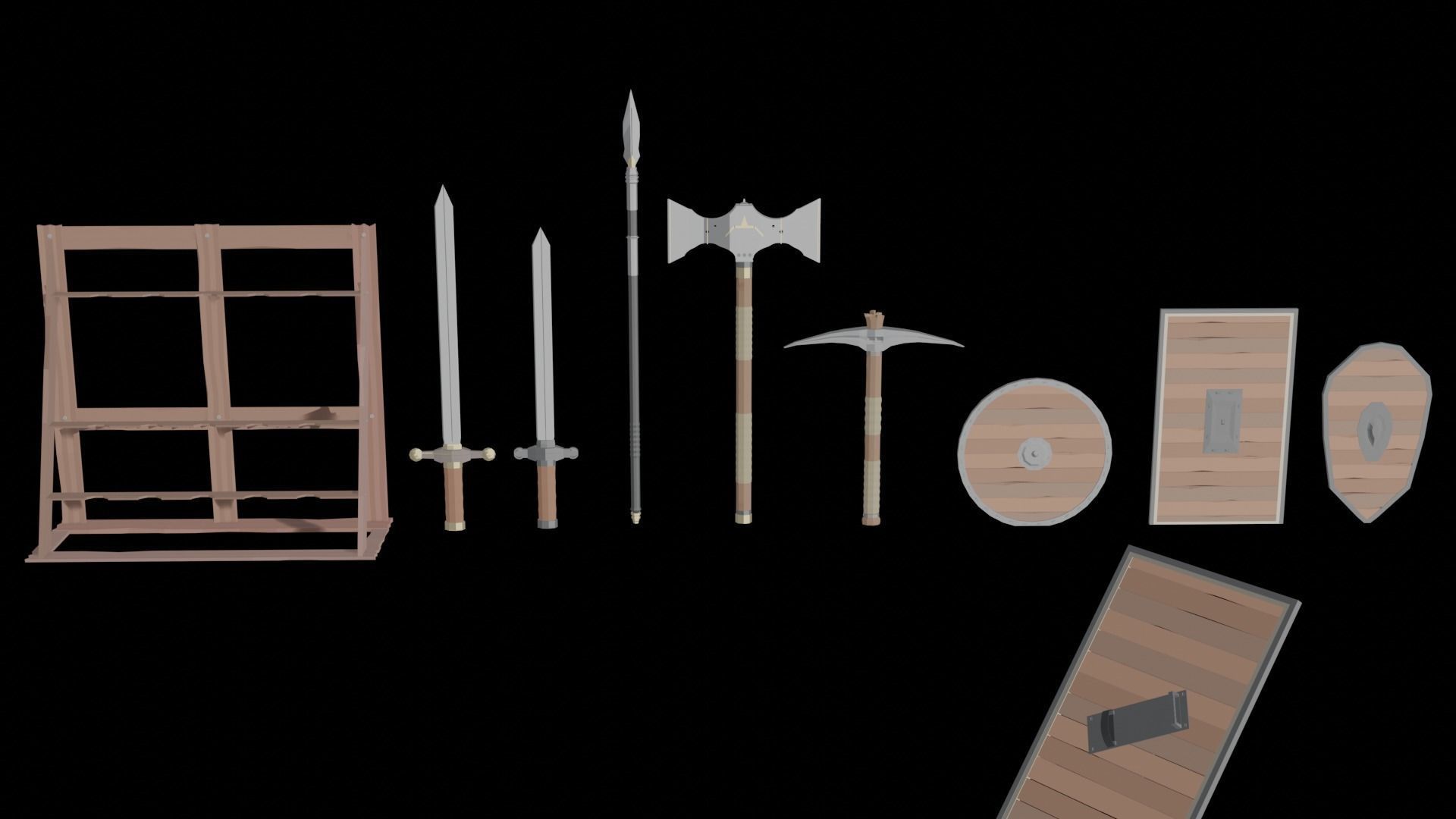 Low Poly Weapons wooden display of swords and axes Low-poly 3D model_1
