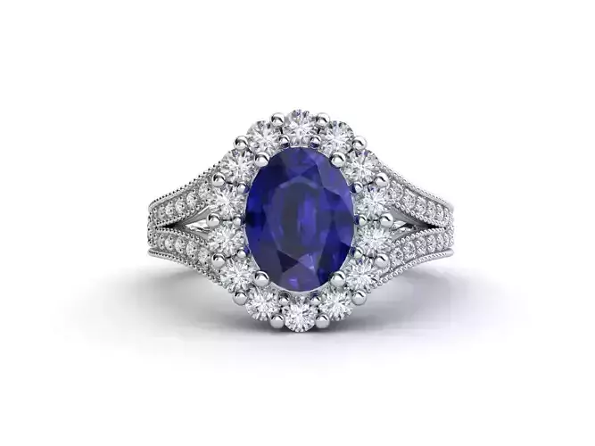 R ES017 oval sapphire and diamond halo ring 3D print model