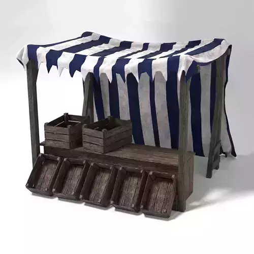 Medieval Market Stall Tent Blue and White 3D Model with Crates