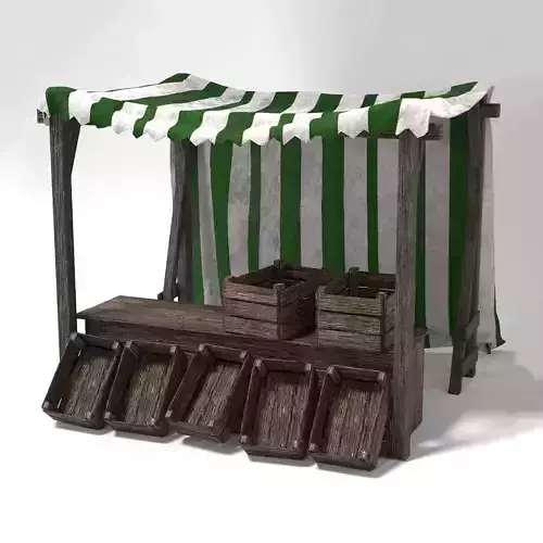 Medieval Market Stall Tent Green and White 3D Model with Crates Low-poly 3D model