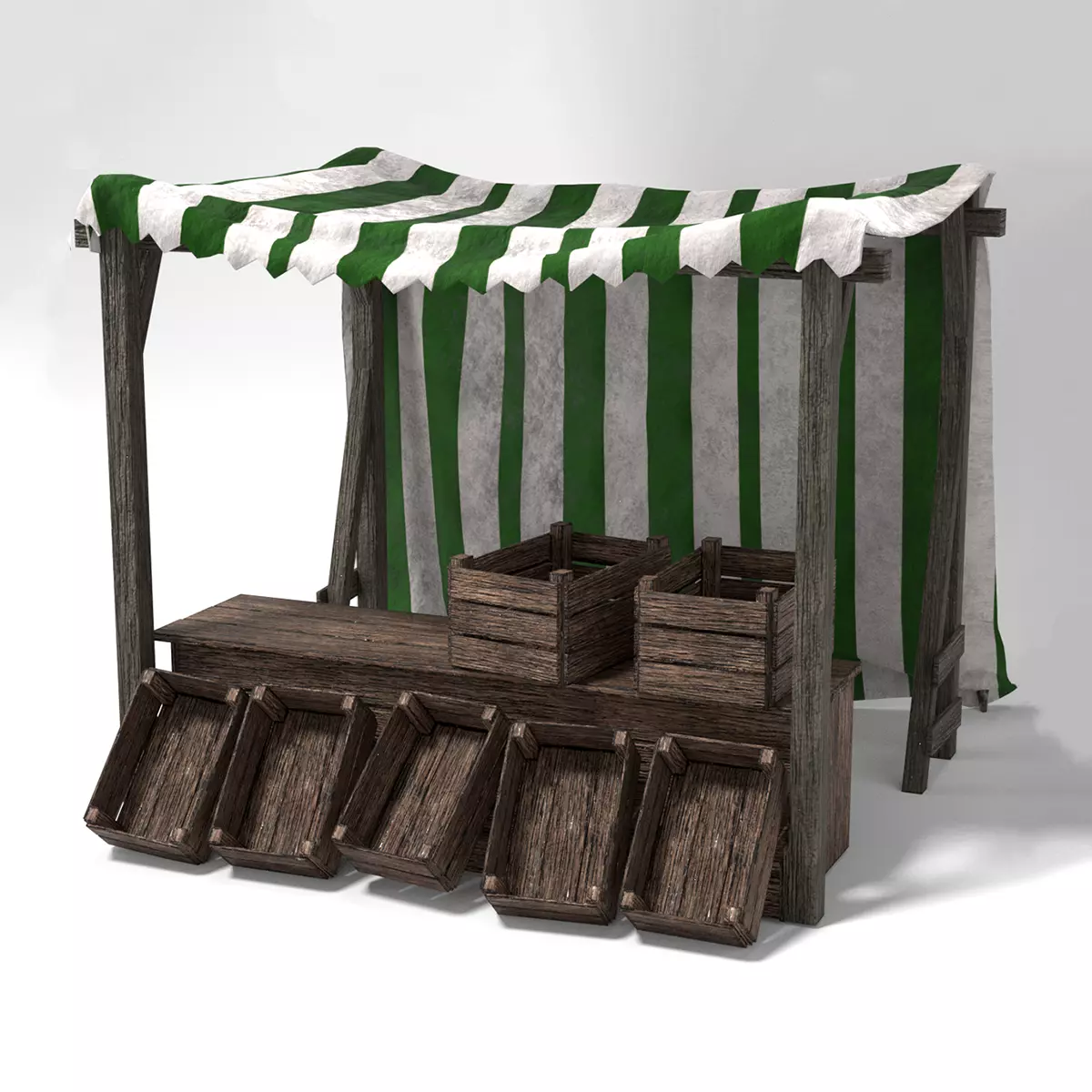 Medieval Market Stall Tent Green and White 3D Model with Crates Low-poly 3D model_0