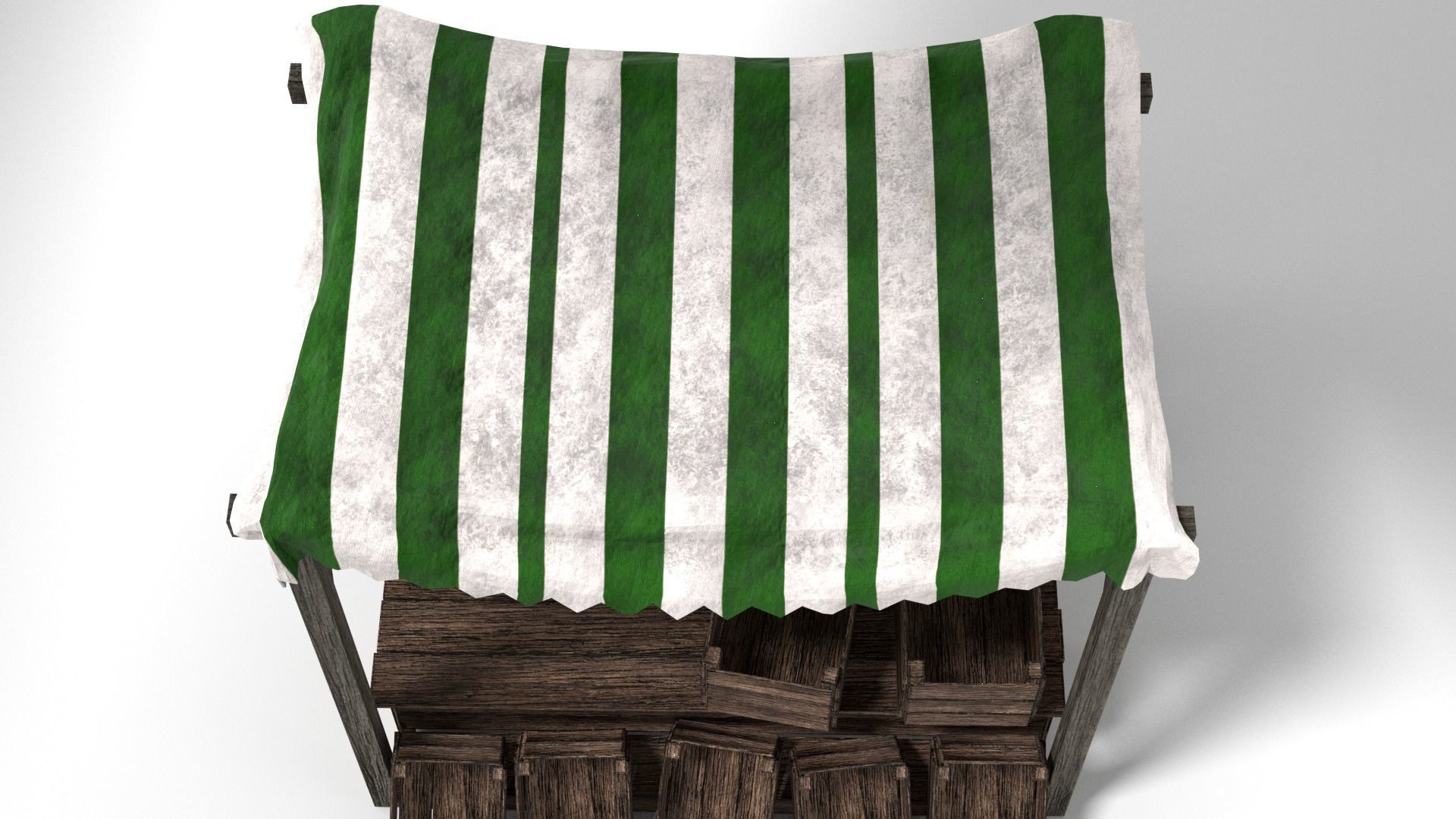 Medieval Market Stall Tent Green and White 3D Model with Crates Low-poly 3D model_7