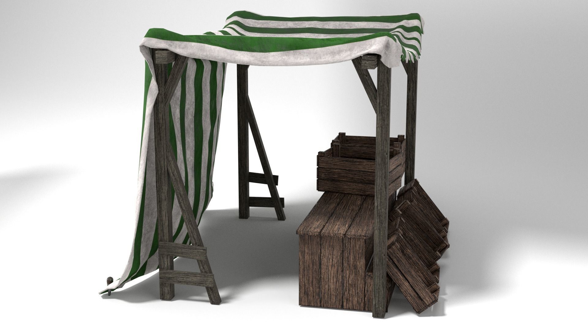 Medieval Market Stall Tent Green and White 3D Model with Crates Low-poly 3D model_6