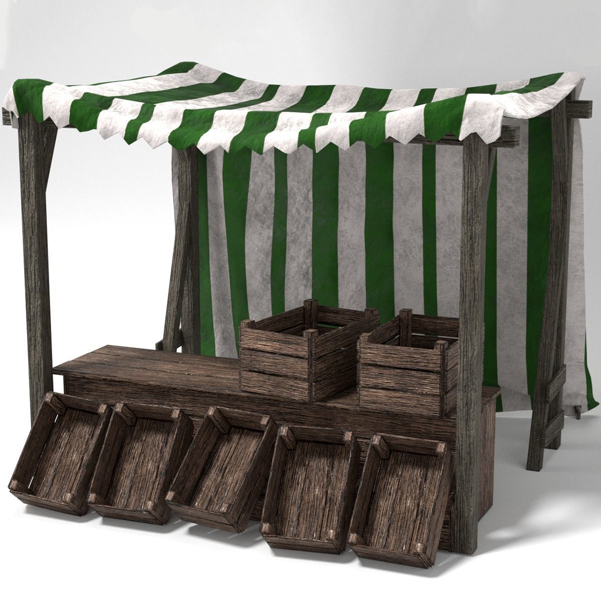 Medieval Market Stall Tent Green and White 3D Model with Crates Low-poly 3D model_3