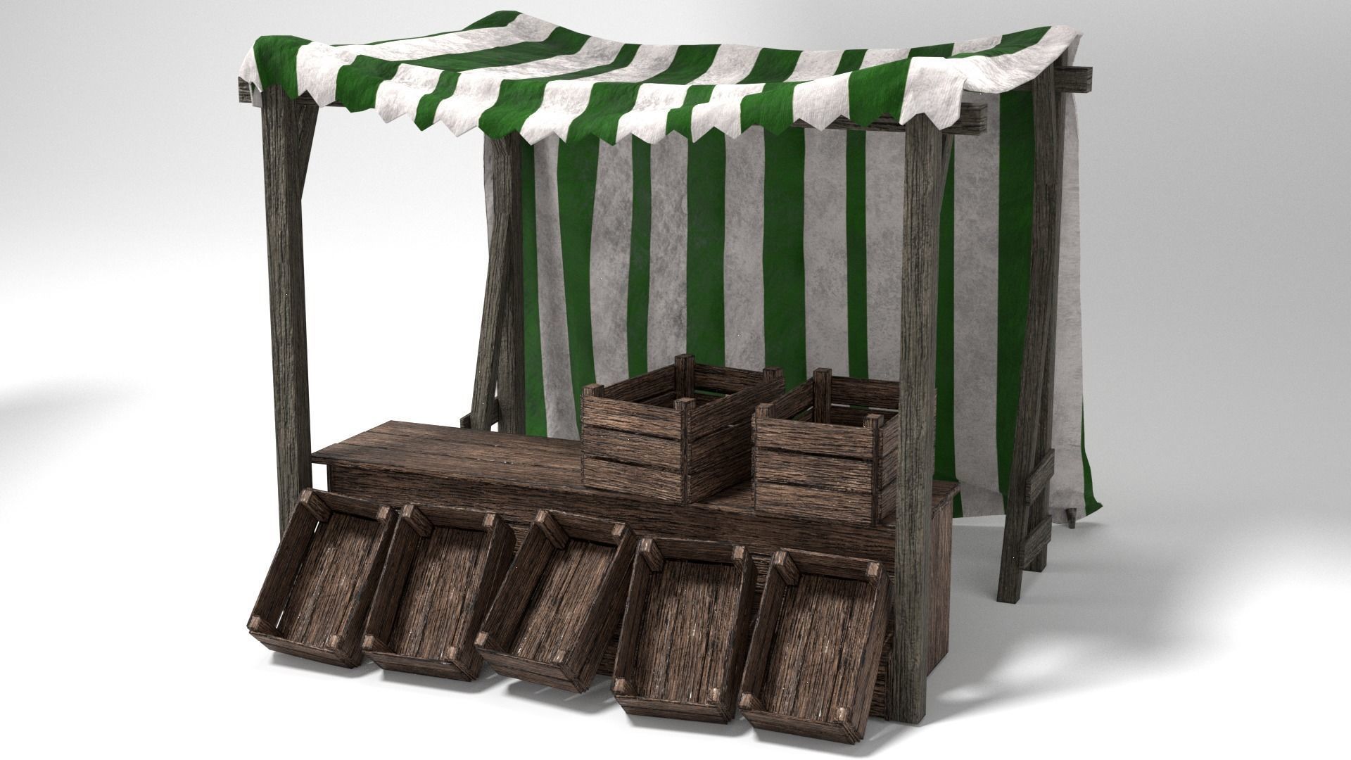 Medieval Market Stall Tent Green and White 3D Model with Crates Low-poly 3D model_4