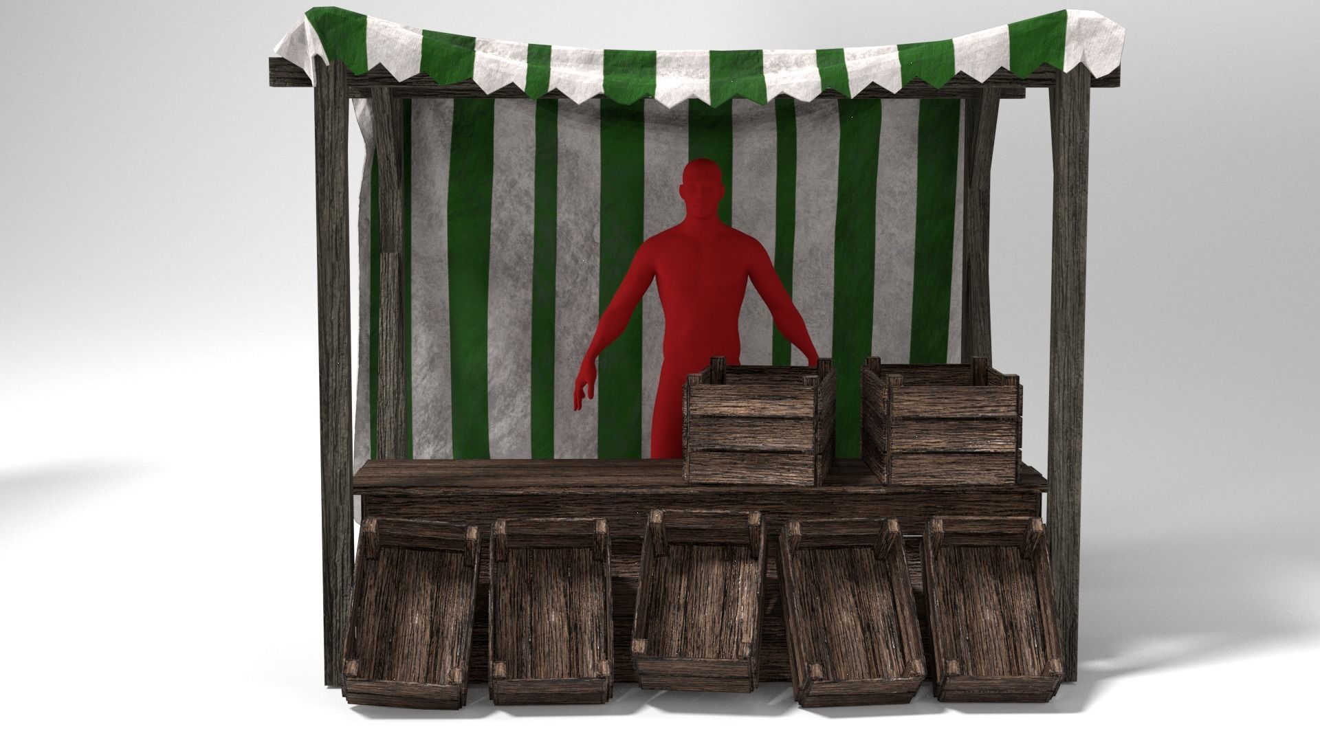 Medieval Market Stall Tent Green and White 3D Model with Crates Low-poly 3D model_8