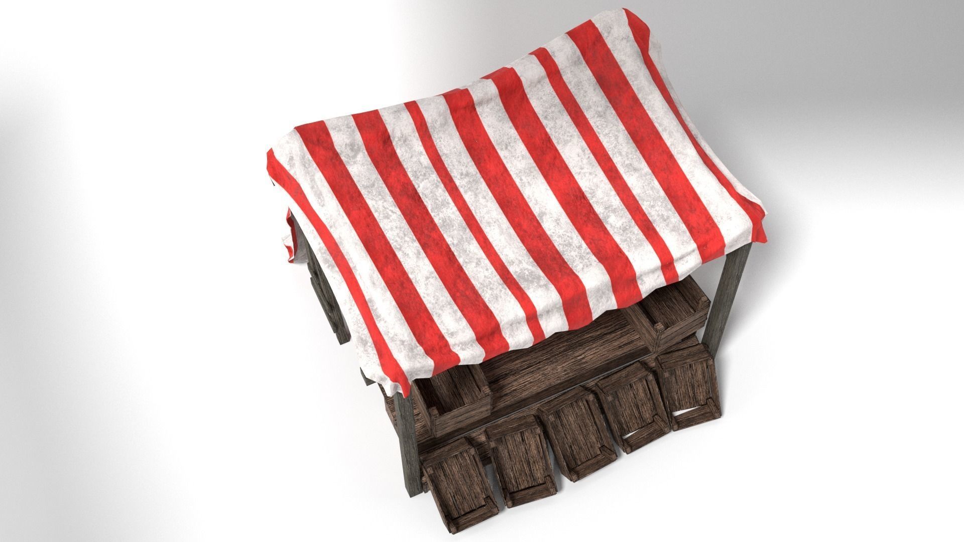 Medieval Market Stall Tent Red and White 3D Model with Crates Low-poly 3D model_7