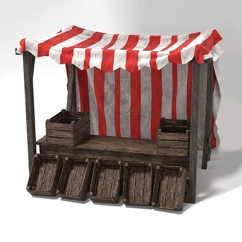  Medieval Market Stall Tent Red and White 3D Model with Crates Low-poly 3D model