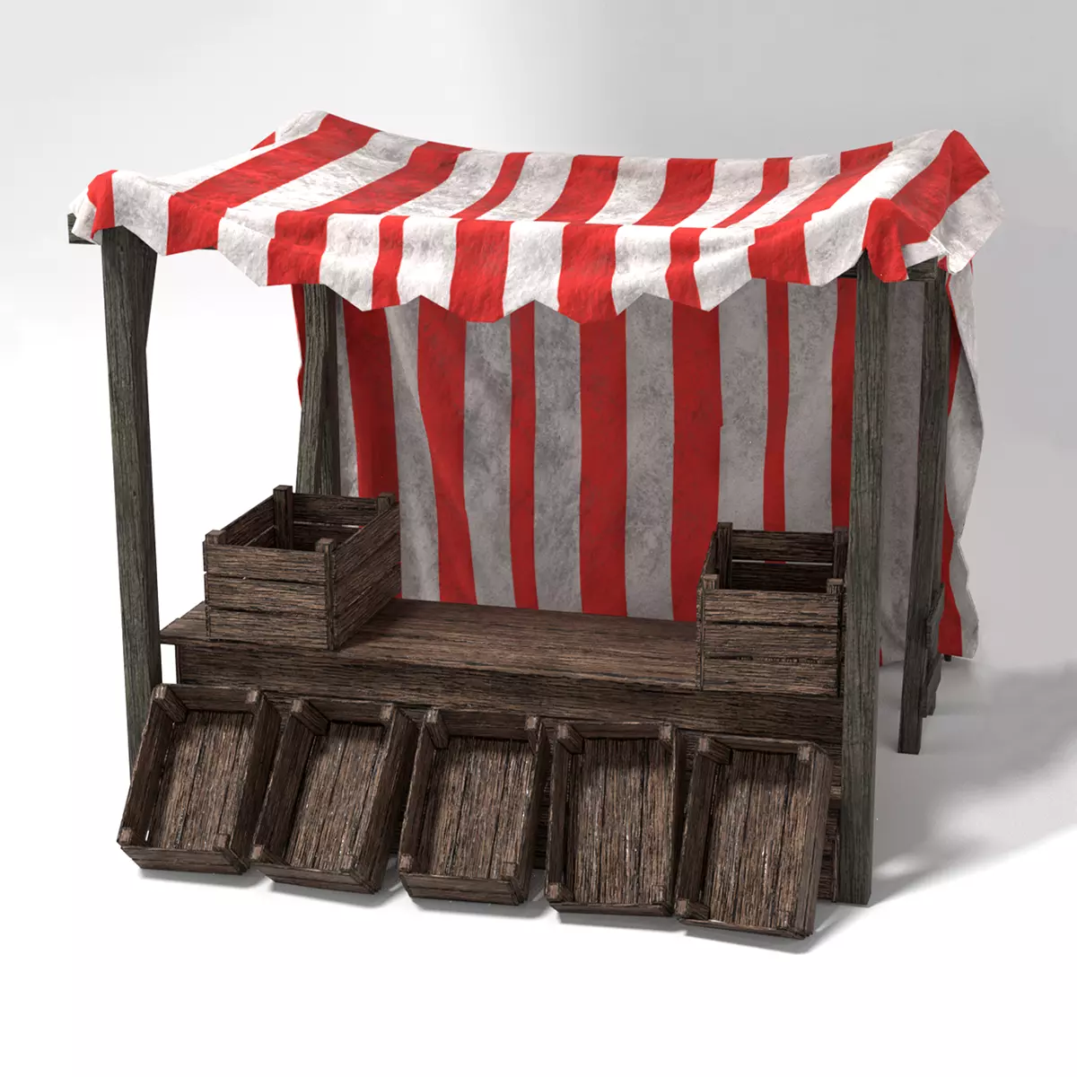 Medieval Market Stall Tent Red and White 3D Model with Crates Low-poly 3D model_0