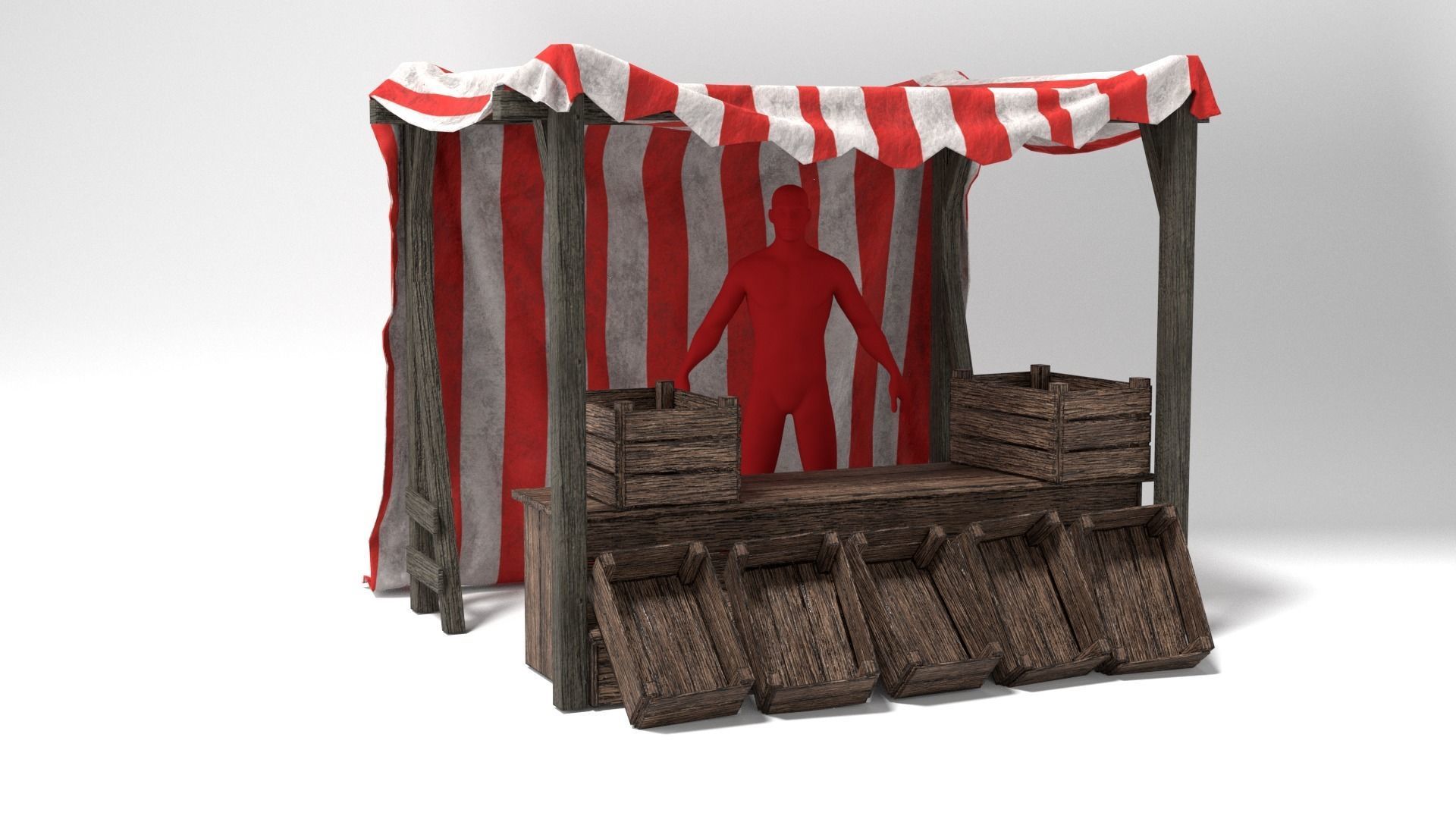 Medieval Market Stall Tent Red and White 3D Model with Crates Low-poly 3D model_8
