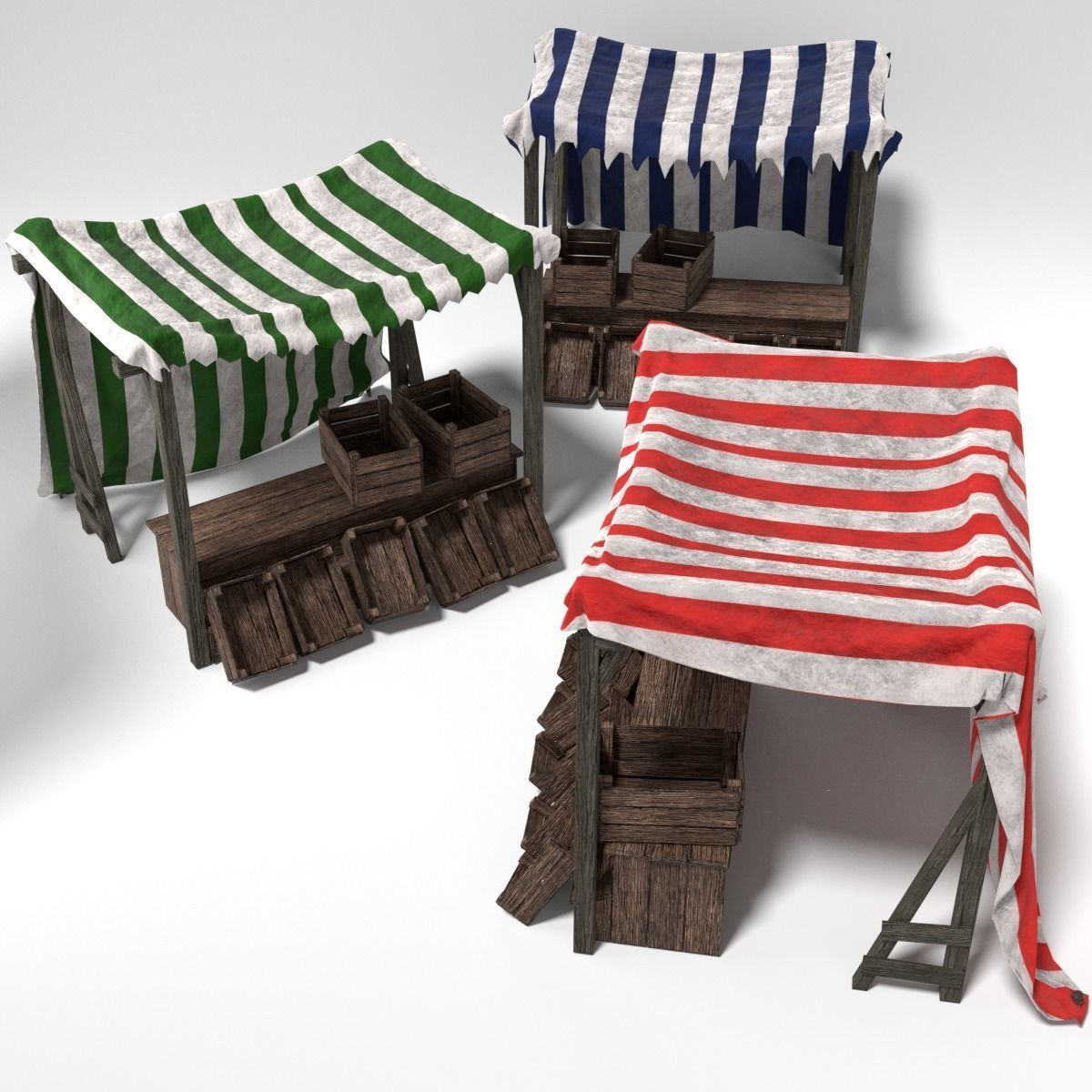 Medieval Market Stall Tent Set Collection 3D Model with Crates Low-poly 3D model_7