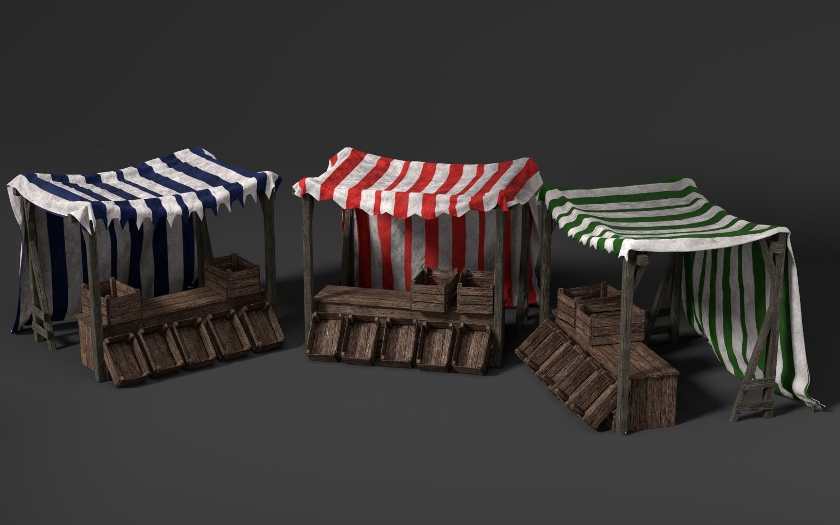 Medieval Market Stall Tent Set Collection 3D Model with Crates Low-poly 3D model_6