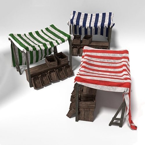 Medieval Market Stall Tent Set Collection 3D Model with Crates Low-poly 3D model