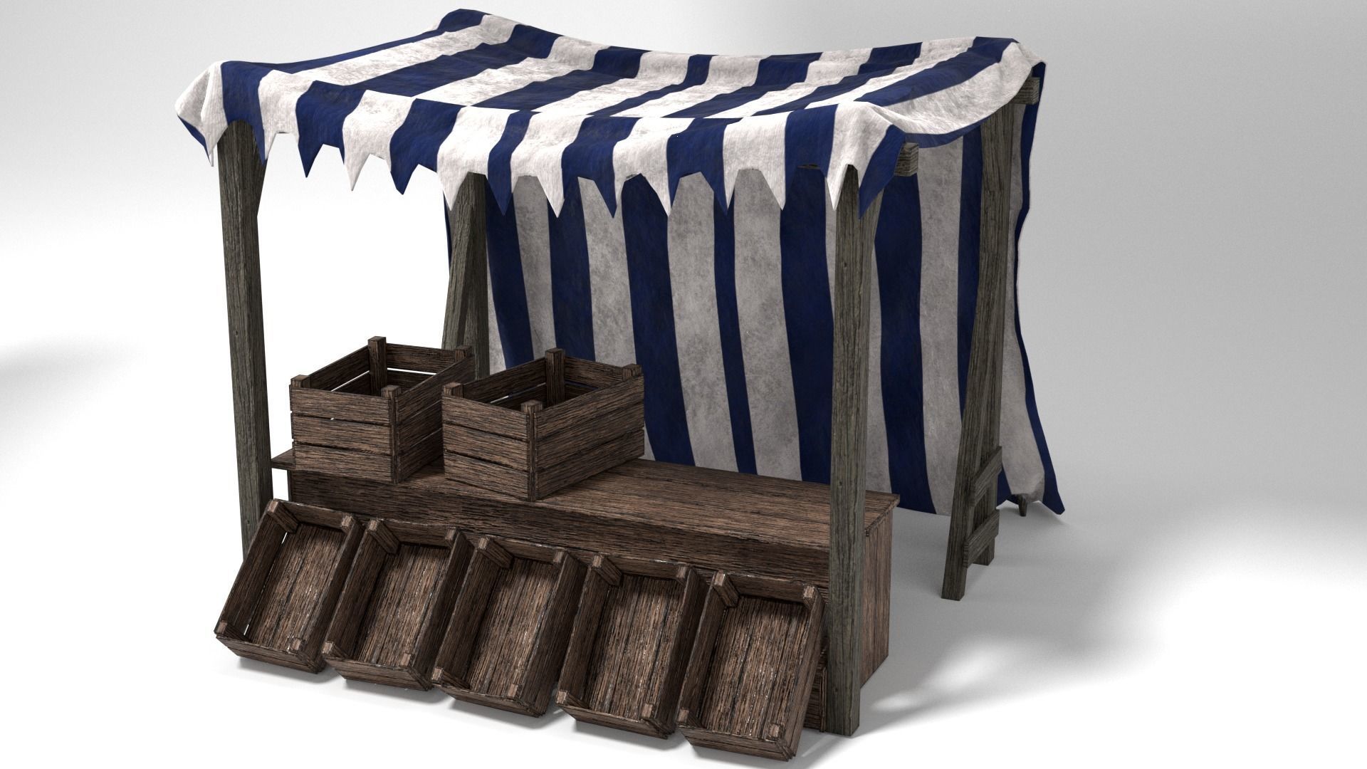 Medieval Market Stall Tent Set Collection 3D Model with Crates Low-poly 3D model_14