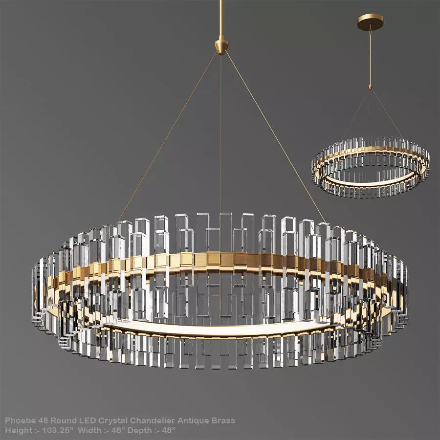 Phoebe 48 Round LED Crystal Chandelier Antique Brass 3D model_0