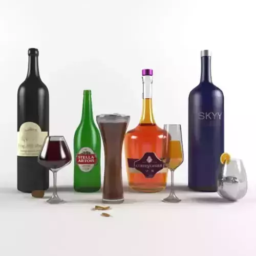 Bottles liquor and glasses Free 3D model