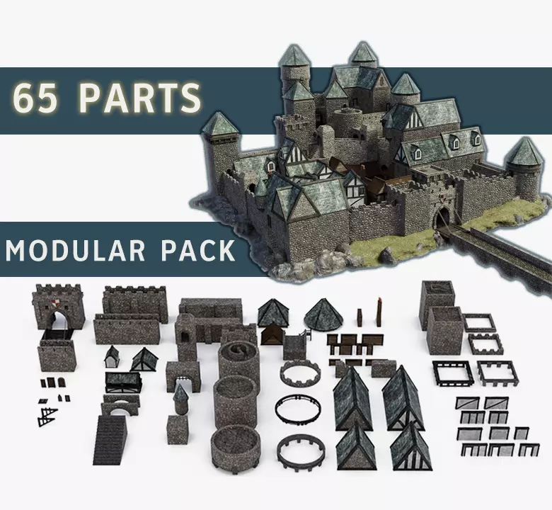Medieval Castle Keep Modular Kitbash Pack Low-poly 3D model_0