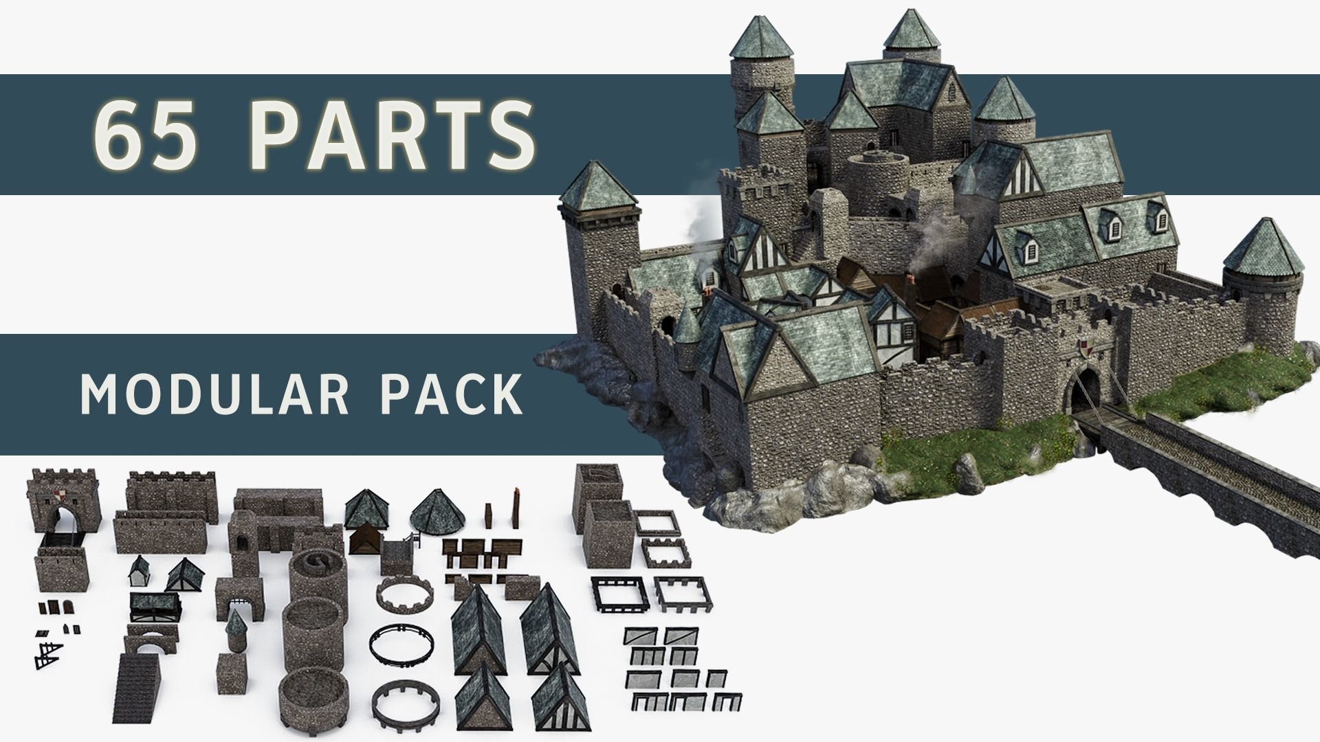Medieval Castle Keep Modular Kitbash Pack Low-poly 3D model_3