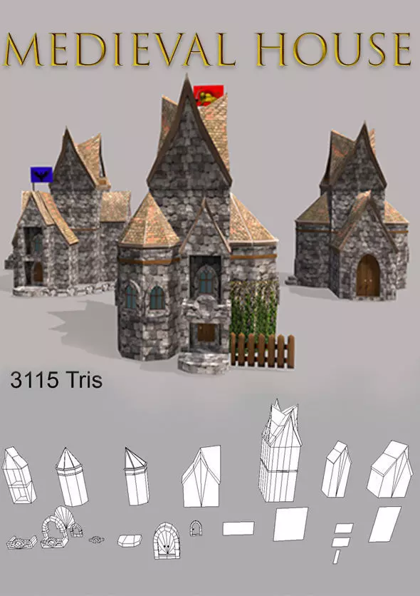 Low Poly medieval houses  Low-poly 3D model_0