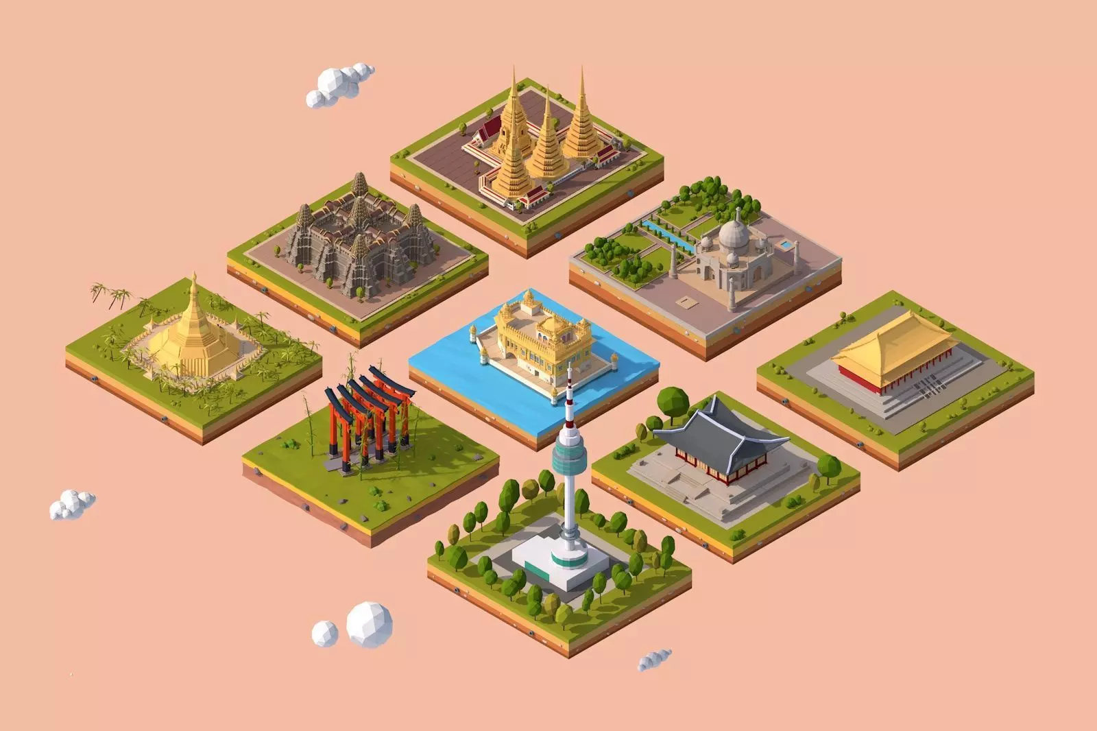 Cartoon Low Poly Asia Landmarks Pack Low-poly 3D model_0