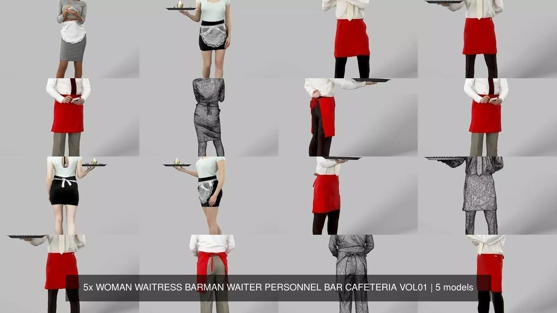 5x WOMAN WAITRESS BARMAN WAITER PERSONNEL BAR CAFETERIA VOL01 3D Model Collection_0