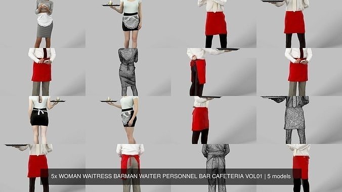 5x WOMAN WAITRESS BARMAN WAITER PERSONNEL BAR CAFETERIA VOL01 3D Model Collection