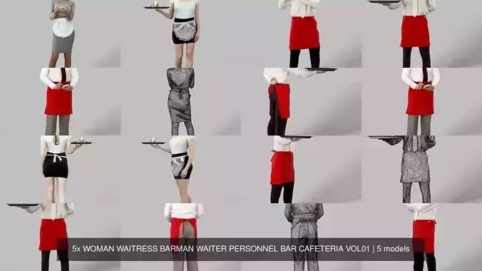 5x WOMAN WAITRESS BARMAN WAITER PERSONNEL BAR CAFETERIA VOL01 3D Model Collection