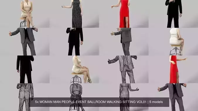 5x WOMAN MAN PEOPLE EVENT BALLROOM WALKING SITTING VOL01 3D Model Collection