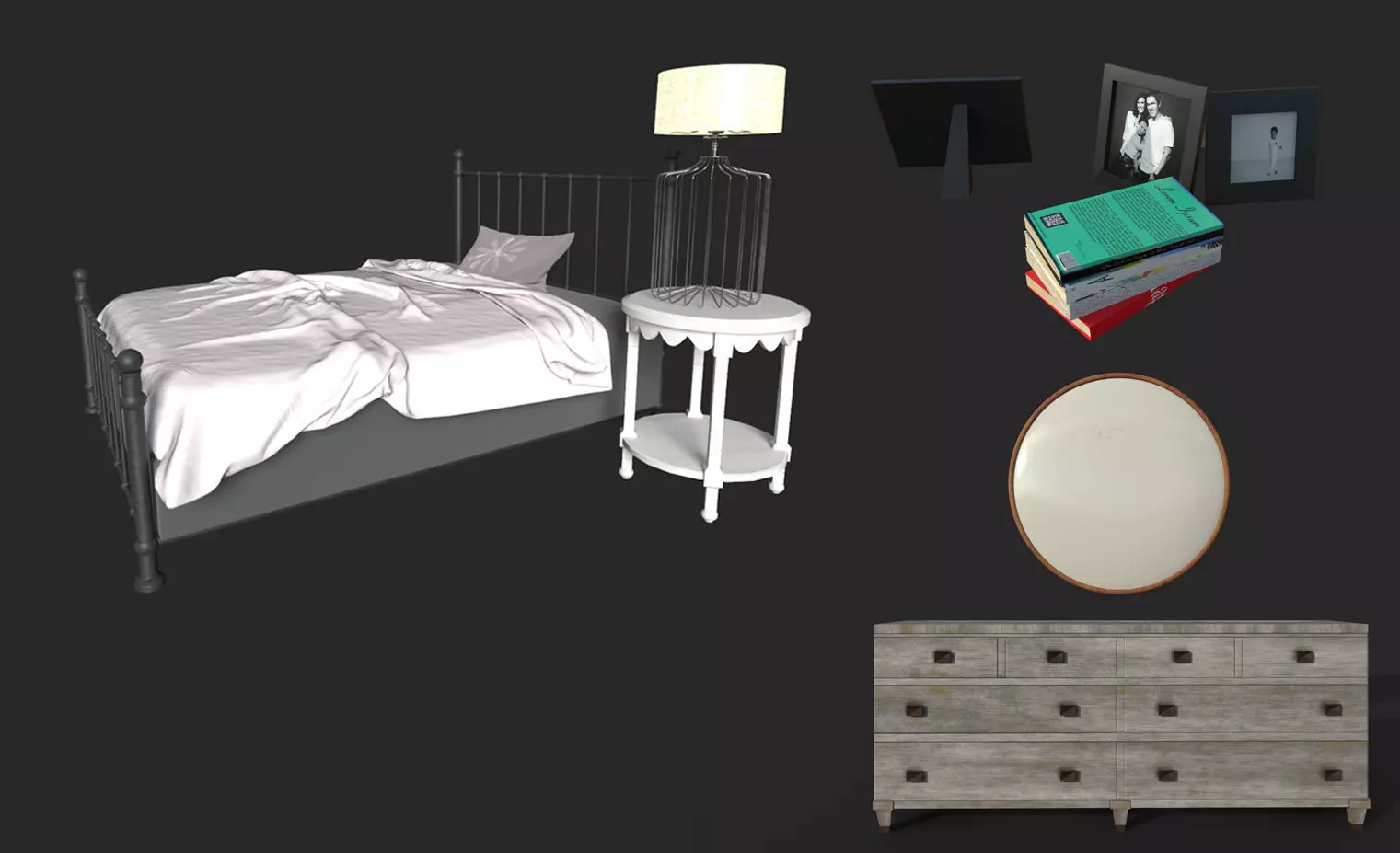 BedRoom Set dresser with oval mirror Low-poly 3D model_0