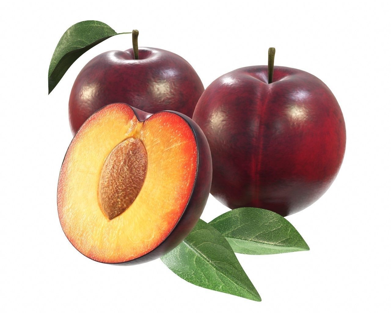 Plums with leaves 3D model_2