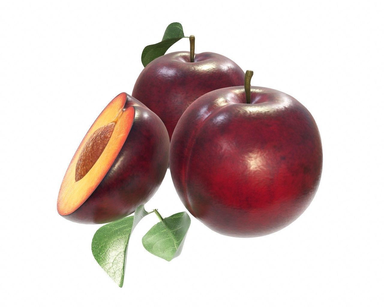 Plums with leaves 3D model_3