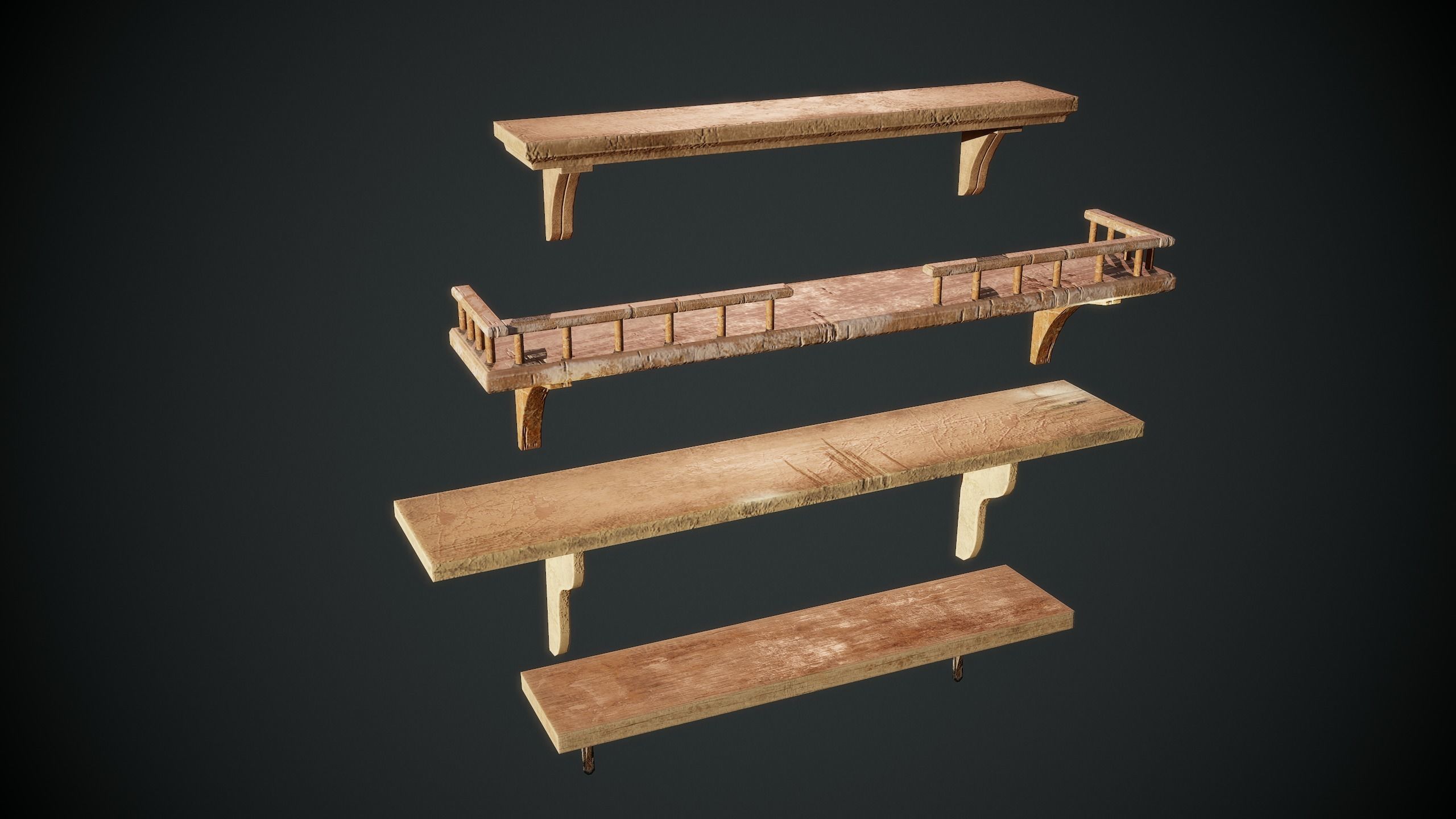 Shelfes wooden bench Low-poly 3D model_2