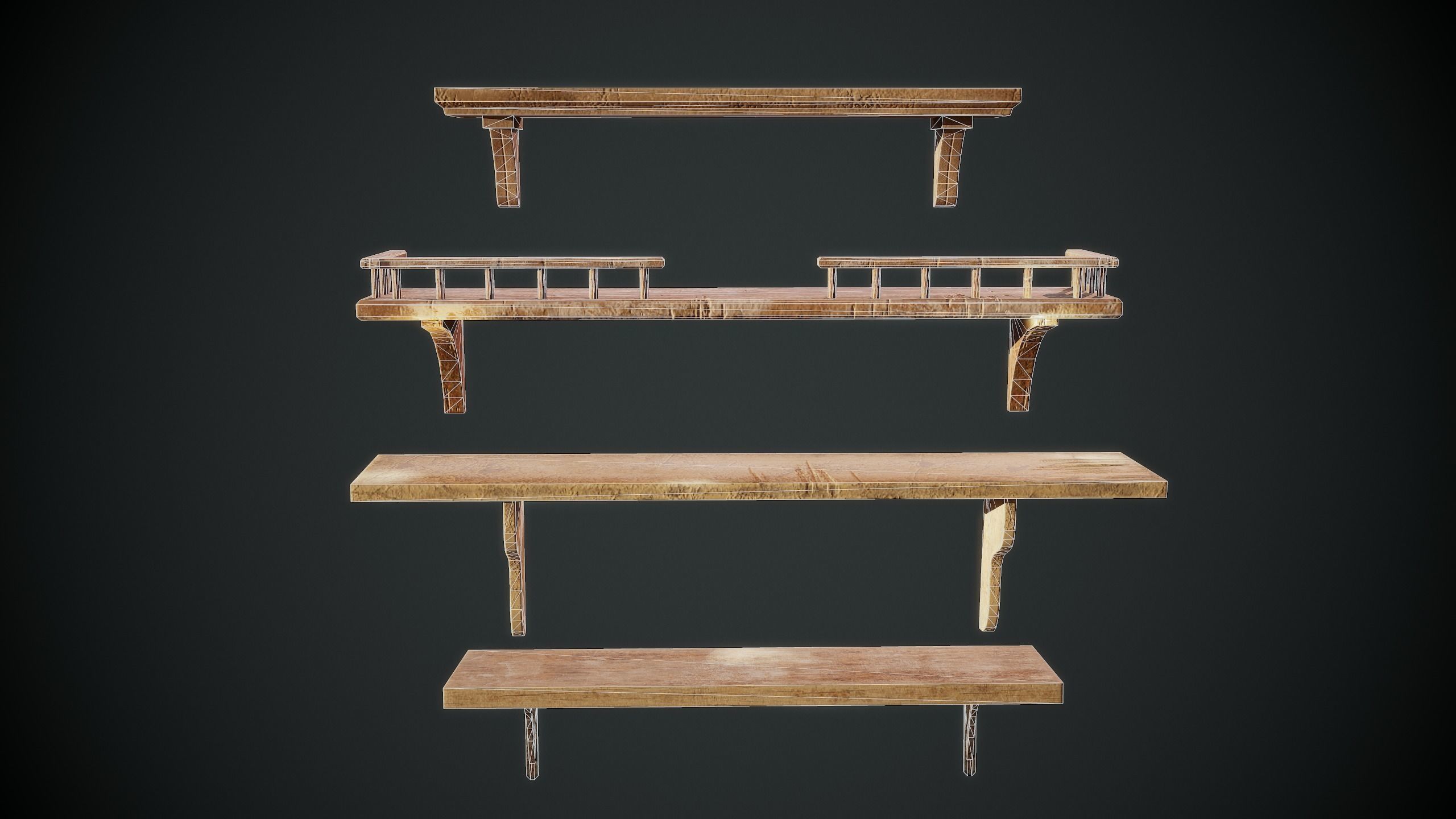 Shelfes wooden bench Low-poly 3D model_6