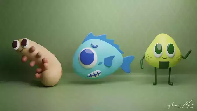3 Cute Creatures ONIGIRI  FISH  WORM